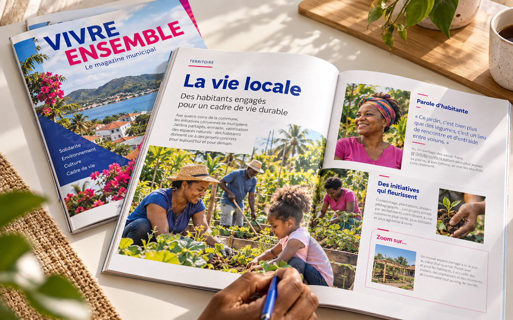 Un magazine municipal ouvert à côté de plusieurs exemplaires imprimés.
