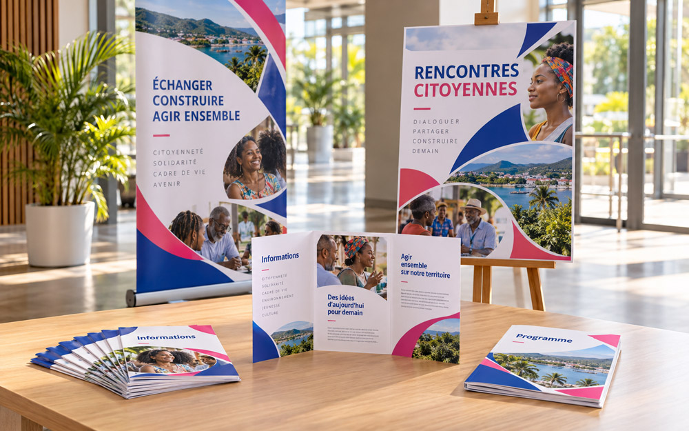 Des affiches, flyers et dépliants assortis à un kakémono, en bleu et rose.